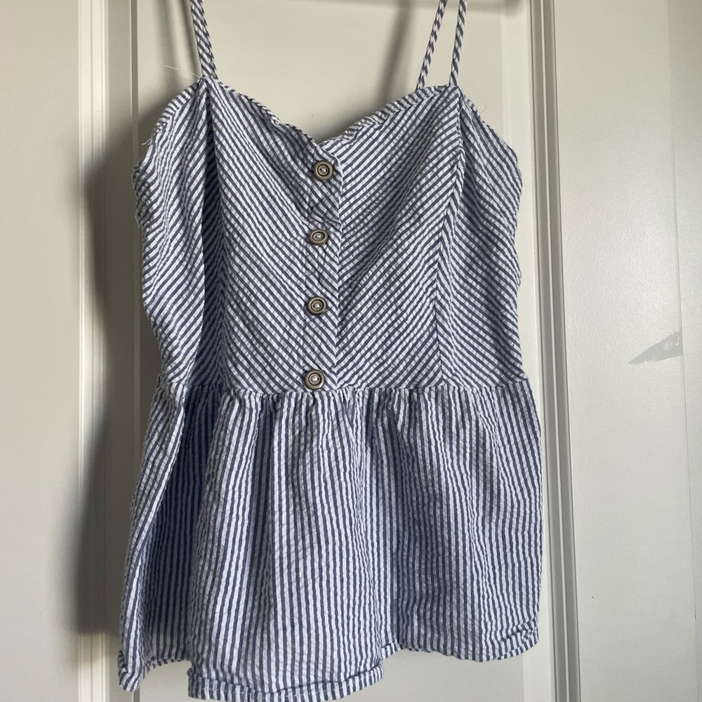 Blue and white seersucker tank top - size unknown, estimated XL.